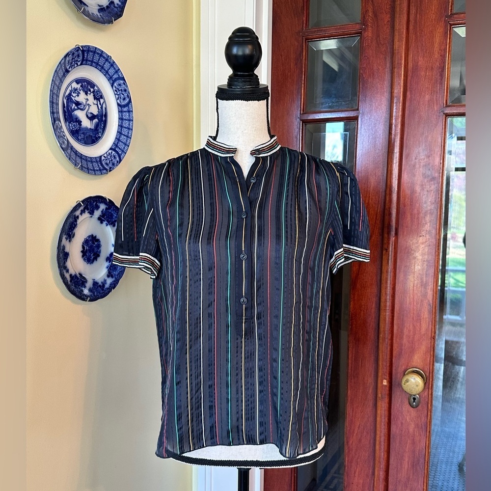 Rag & Bone Austin Striped Sheer Silk Blouse - Multi-Color / Navy, Size S